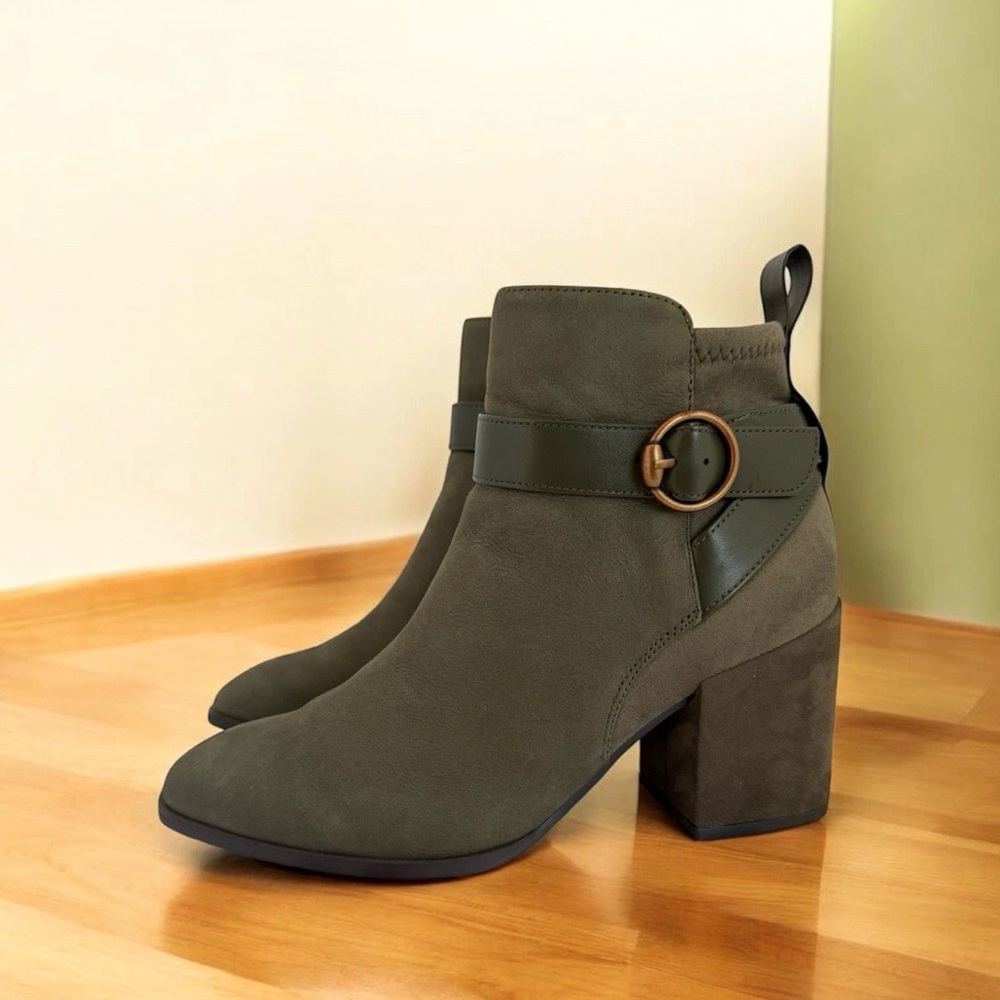 Vionic Tinley Size8 Olive Green Leather Ankle Boots, Water Repellent, Block Heel